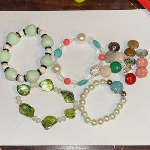 Assorted Women's Beaded Bracelets - Green, White, Pearlescent, Coral Accents